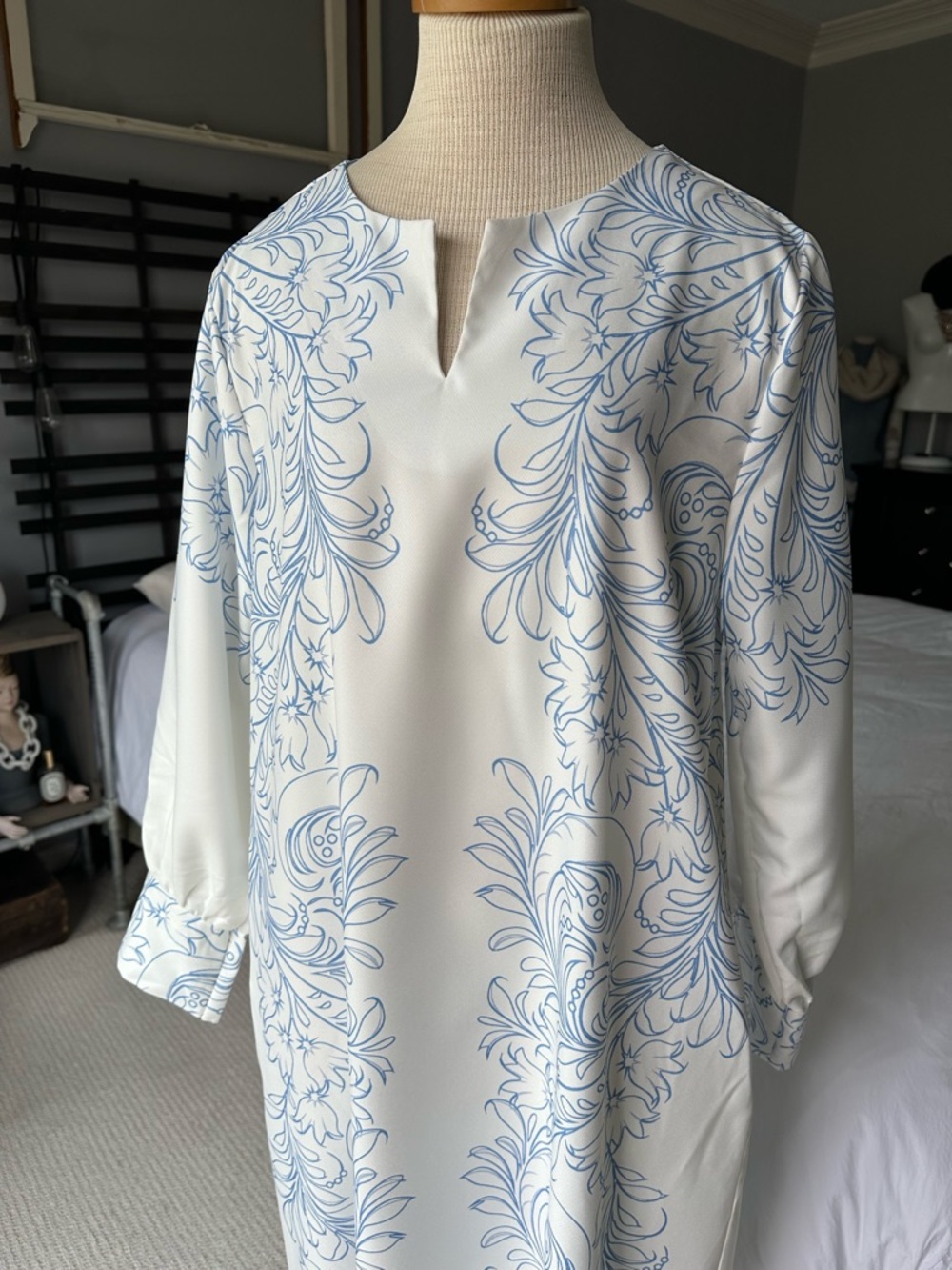 White Tunic Dress with Delicate Blue Floral Print, size large - Picture 4 of 10